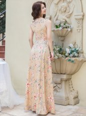 画像7: [SALE品のため返品不可＆再入荷なしの現品限り][ERUKEI/GINZA COUTURE]ベージュ・グレー・フラワープリント・Aライン・ノースリーブ・ウエストリボン・ロングドレス[送料無料] (7)