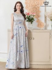 画像2: [SALE品のため返品不可＆再入荷なしの現品限り][ERUKEI/GINZA COUTURE]ベージュ・グレー・フラワープリント・Aライン・ノースリーブ・ウエストリボン・ロングドレス[送料無料] (2)