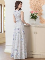 画像6: [SALE品のため返品不可＆再入荷なしの現品限り][ERUKEI/GINZA COUTURE]ベージュ・グレー・フラワープリント・Aライン・ノースリーブ・ウエストリボン・ロングドレス[送料無料] (6)