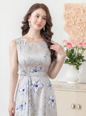 画像8: [SALE品のため返品不可＆再入荷なしの現品限り][ERUKEI/GINZA COUTURE]ベージュ・グレー・フラワープリント・Aライン・ノースリーブ・ウエストリボン・ロングドレス[送料無料] (8)