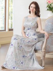 画像12: [SALE品のため返品不可＆再入荷なしの現品限り][ERUKEI/GINZA COUTURE]ベージュ・グレー・フラワープリント・Aライン・ノースリーブ・ウエストリボン・ロングドレス[送料無料] (12)