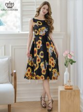 画像1: [ERUKEI/GINZA COUTURE]プリント・花柄・ノースリーブ・Aライン・ミディアムドレス・ワンピース[送料無料] (1)