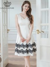 画像1: [ERUKEI/GINZA COUTURE]ノースリーブ・Vネック・タック・サテン・裾レース・Aライン・ミディアムドレス・ワンピース[送料無料] (1)