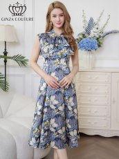画像1: [ERUKEI/GINZA COUTURE]サテン・プリント・花柄・リボン・ノースリーブ・Aライン・ミディアムドレス・ワンピース[送料無料] (1)