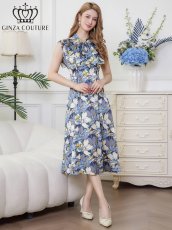 画像2: [ERUKEI/GINZA COUTURE]サテン・プリント・花柄・リボン・ノースリーブ・Aライン・ミディアムドレス・ワンピース[送料無料] (2)