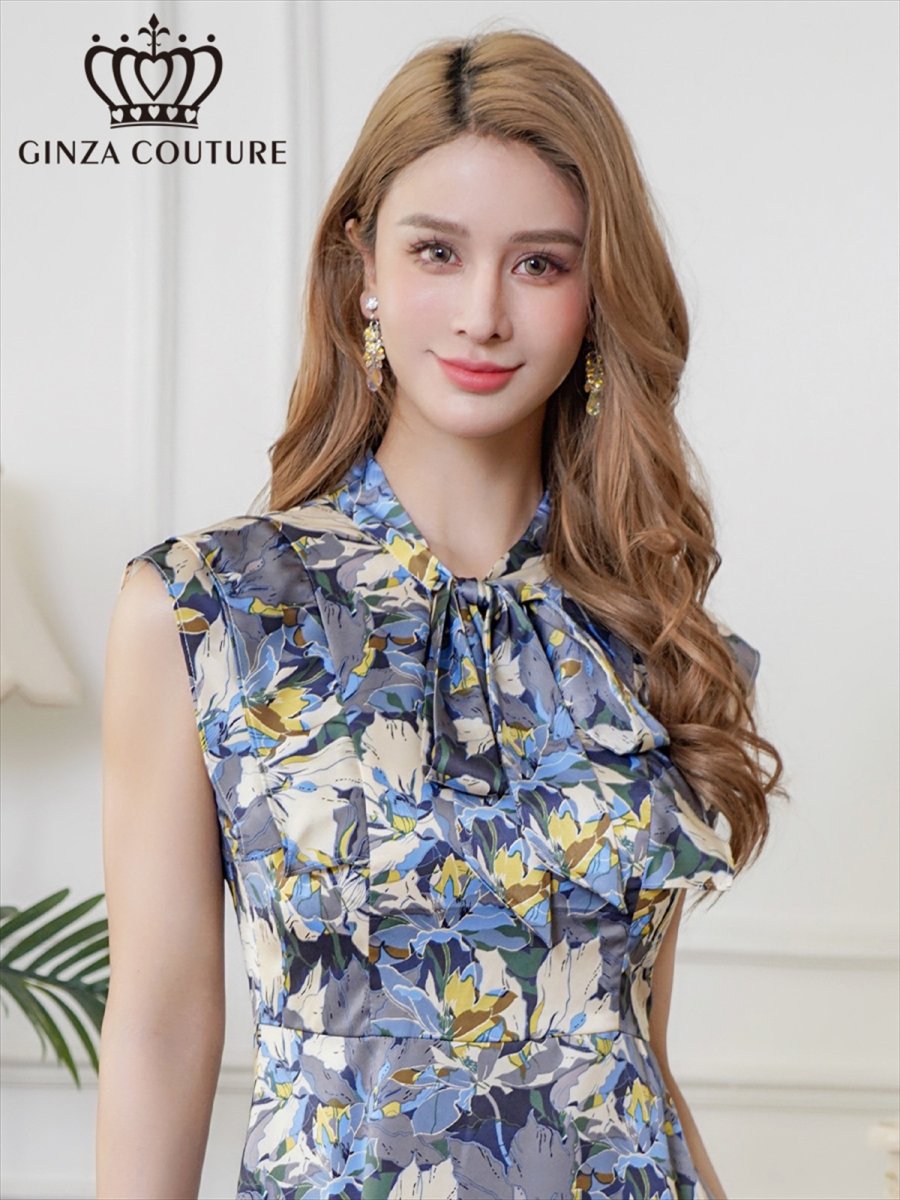 画像4: [ERUKEI/GINZA COUTURE]サテン・プリント・花柄・リボン・ノースリーブ・Aライン・ミディアムドレス・ワンピース[送料無料] (4)