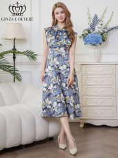 画像5: [ERUKEI/GINZA COUTURE]サテン・プリント・花柄・リボン・ノースリーブ・Aライン・ミディアムドレス・ワンピース[送料無料] (5)
