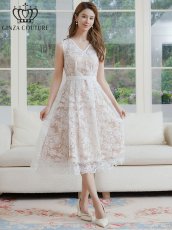 画像1: [ERUKEI/GINZA COUTURE]ホワイト・総レース・スパンコール・Vネック・ウエストマーク・Aライン・ミディアムドレス・ワンピース[送料無料] (1)