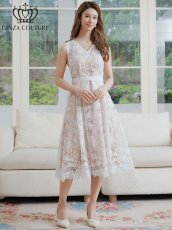 画像2: [ERUKEI/GINZA COUTURE]ホワイト・総レース・スパンコール・Vネック・ウエストマーク・Aライン・ミディアムドレス・ワンピース[送料無料] (2)