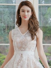 画像4: [ERUKEI/GINZA COUTURE]ホワイト・総レース・スパンコール・Vネック・ウエストマーク・Aライン・ミディアムドレス・ワンピース[送料無料] (4)