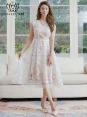 画像5: [ERUKEI/GINZA COUTURE]ホワイト・総レース・スパンコール・Vネック・ウエストマーク・Aライン・ミディアムドレス・ワンピース[送料無料] (5)