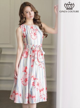 花柄・リボン・ノースリーブ・Aライン・ミディアムドレス