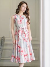 画像2: [ERUKEI/GINZA COUTURE]ピンク・フラワープリント・Aライン・ウエストリボン・ミディアムドレス・ワンピース[送料無料] (2)