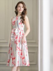画像3: [ERUKEI/GINZA COUTURE]ピンク・フラワープリント・Aライン・ウエストリボン・ミディアムドレス・ワンピース[送料無料] (3)