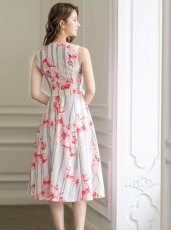 画像4: [ERUKEI/GINZA COUTURE]ピンク・フラワープリント・Aライン・ウエストリボン・ミディアムドレス・ワンピース[送料無料] (4)
