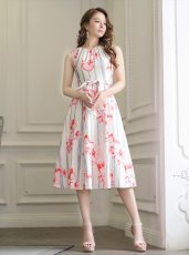 画像6: [ERUKEI/GINZA COUTURE]ピンク・フラワープリント・Aライン・ウエストリボン・ミディアムドレス・ワンピース[送料無料] (6)