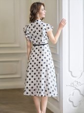 画像3: [ERUKEI/GINZA COUTURE]ホワイト×ブラック・ドットプリント・フリルスリーブ・Aライン・ベルト付き・ミディアムドレス・ワンピース[送料無料] (3)