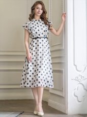 画像5: [ERUKEI/GINZA COUTURE]ホワイト×ブラック・ドットプリント・フリルスリーブ・Aライン・ベルト付き・ミディアムドレス・ワンピース[送料無料] (5)