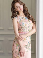 画像3: [ERUKEI/GINZA COUTURE]ピンク・フラワー刺繍・タイト・ノースリーブ・ウエストリボン・ミニドレス・ワンピース[送料無料] (3)