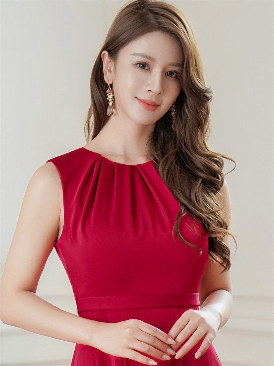 画像4: [ERUKEI/GINZA COUTURE]サテン・シンプル・ノースリーブ・切替・Aライン・フレア・ミディアムドレス・ワンピース[送料無料] (4)