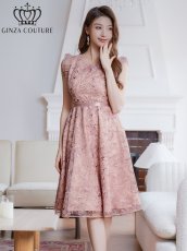 画像1: [ERUKEI/GINZA COUTURE]ピンク・ブルー・フレンチ・フリルスリーブ・総レース・膝丈・Aライン・ミディアムドレス・ワンピース[送料無料] (1)