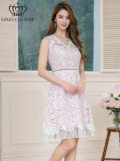 画像3: [XS-Lサイズ / 2カラー ][ERUKEI]ブルー×ホワイト・ピンク×ホワイト・レース・Vネック・ノースリーブ・切替・Aライン・ミニドレス・ワンピース[送料無料] (3)