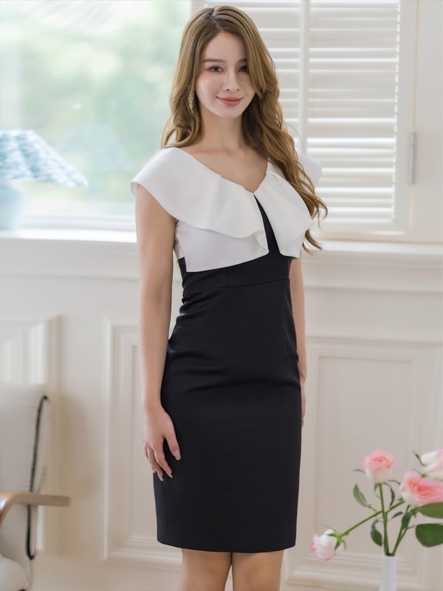 画像2: [ERUKEI/GINZA COUTURE]ホワイト×ブラック・バイカラー・タイト・シンプル・ミディアムドレス・ワンピース[送料無料] (2)