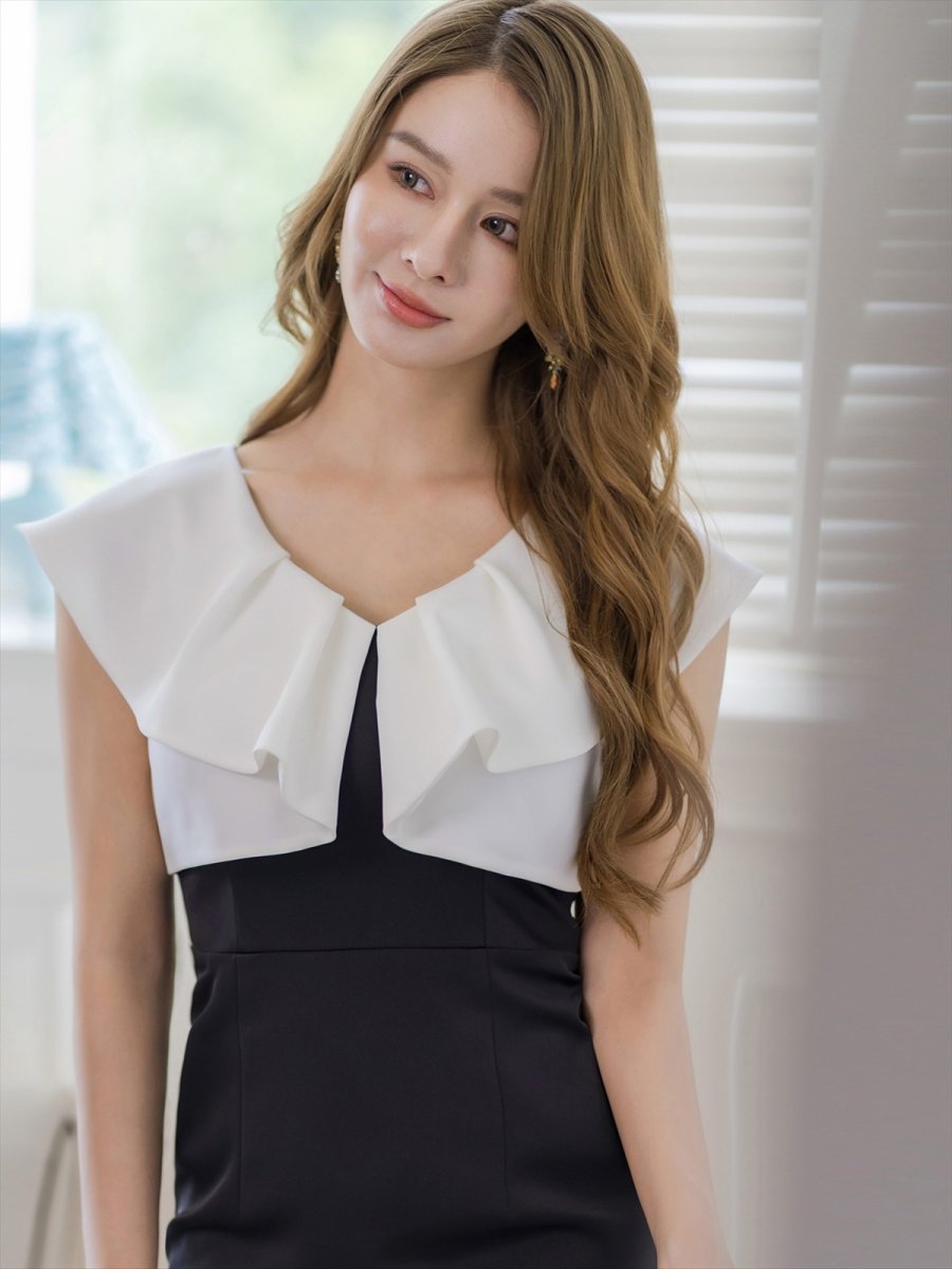 画像4: [ERUKEI/GINZA COUTURE]ホワイト×ブラック・バイカラー・タイト・シンプル・ミディアムドレス・ワンピース[送料無料] (4)