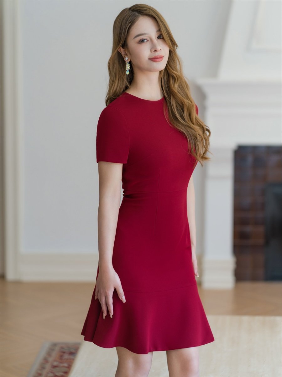 画像2: [ERUKEI/GINZA COUTURE]ワインレッド・シンプル・半袖・マーメイド・裾フリル・膝丈・ミニドレス・ワンピース[送料無料] (2)