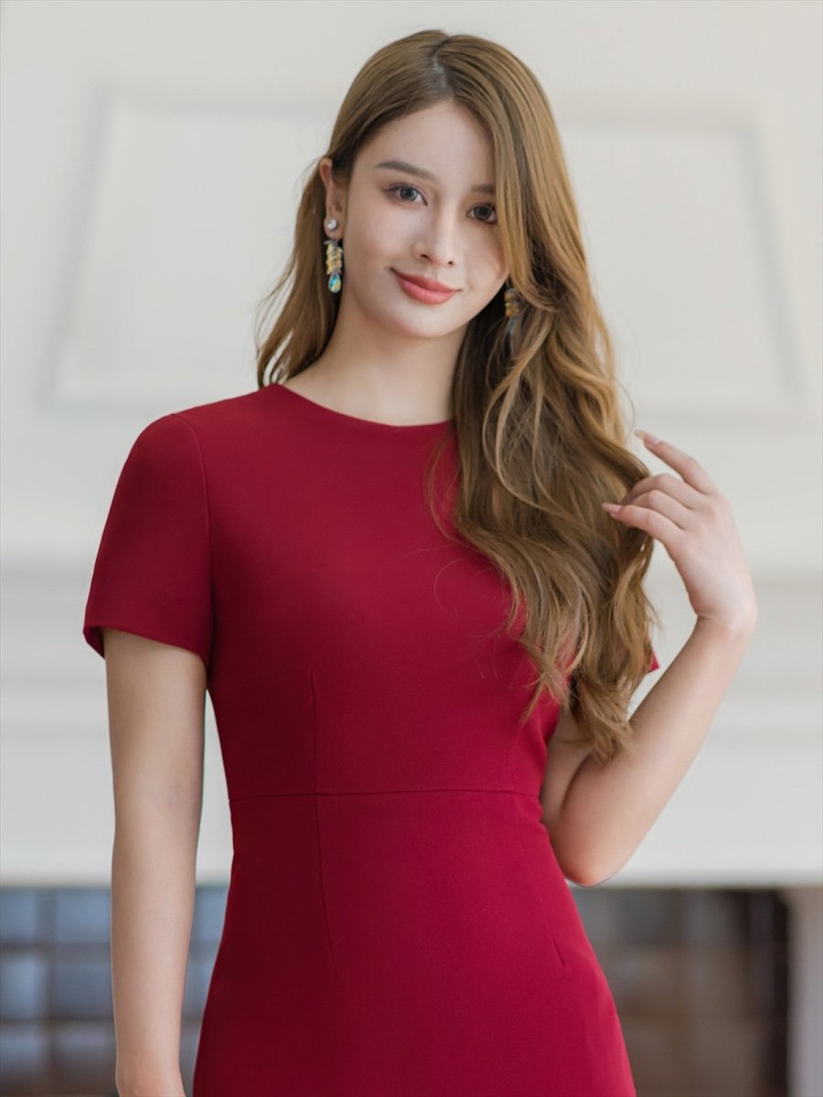 画像4: [ERUKEI/GINZA COUTURE]ワインレッド・シンプル・半袖・マーメイド・裾フリル・膝丈・ミニドレス・ワンピース[送料無料] (4)