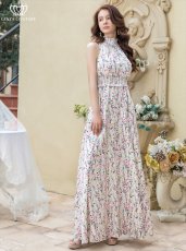 画像1: [ERUKEI/GINZA COUTURE]ホワイト・ブラック・首元フリル・シンプル・ウエストマーク・マキシ・ノースリーブ・Aライン・ロングドレス[送料無料] (1)