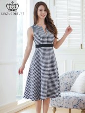 画像2: [ERUKEI/GINZA COUTURE]ホワイト×ブラック・チェック・ツイード・Aライン・ノースリーブ・Vネック・ミディアムドレス・ワンピース[送料無料] (2)
