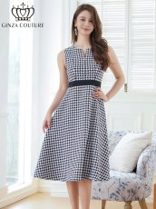 画像6: [ERUKEI/GINZA COUTURE]ホワイト×ブラック・チェック・ツイード・Aライン・ノースリーブ・Vネック・ミディアムドレス・ワンピース[送料無料] (6)