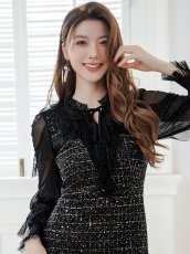 画像4: [ XS-Lサイズ / 1カラー ][ERUKEI/GINZA COUTURE]ラメ・チュールレース・フリル・長袖・リボン・スパンコール・金糸・MIXツイード・Aライン・ミニドレス・ワンピース[送料無料] (4)