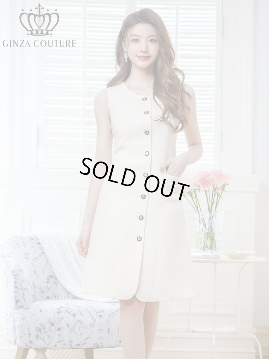 画像1: [ERUKEI/GINZA COUTURE]アイボリー・ノースリーブ・ハニカム生地・金ボタン・ポケット・ミディアムドレス・ワンピース[送料無料] (1)