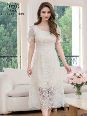 画像1: [ERUKEI/GINZA COUTURE]総レース・パフスリーブ・半袖・スパンコール・ハイウエスト・Aライン・ミディアムドレス・ワンピース[送料無料] (1)