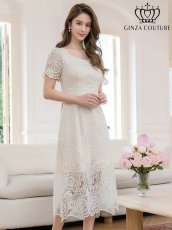 画像2: [ERUKEI/GINZA COUTURE]総レース・パフスリーブ・半袖・スパンコール・ハイウエスト・Aライン・ミディアムドレス・ワンピース[送料無料] (2)