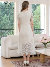 画像3: [ERUKEI/GINZA COUTURE]総レース・パフスリーブ・半袖・スパンコール・ハイウエスト・Aライン・ミディアムドレス・ワンピース[送料無料] (3)