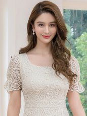 画像4: [ERUKEI/GINZA COUTURE]総レース・パフスリーブ・半袖・スパンコール・ハイウエスト・Aライン・ミディアムドレス・ワンピース[送料無料] (4)