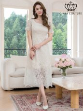 画像5: [ERUKEI/GINZA COUTURE]総レース・パフスリーブ・半袖・スパンコール・ハイウエスト・Aライン・ミディアムドレス・ワンピース[送料無料] (5)