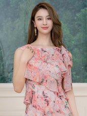 画像4: [ XS-Lサイズ / 1カラー ][ERUKEI/GINZA COUTURE]ピンク・ノースリーブ・花柄・プリント・シフォン・肩リボン・ティアード・フリル・アシンメトリー・ミニドレス・ワンピース[送料無料] (4)