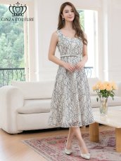 画像1: [ XS-Lサイズ / 1カラー ][ERUKEI/GINZA COUTURE]ホワイト×ブラック・レース・ベルト・Ａライン・ノースリーブ・ハイウエスト・ミディアムドレス・ワンピース[送料無料] (1)