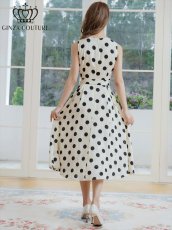 画像3: [ERUKEI/GINZA COUTURE]ノースリーブ・サテンジャガード・花柄・ドット・リボンベルト・Aライン・ミディアムドレス・ワンピース[送料無料] (3)