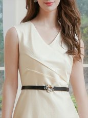 画像4: [ XS-Lサイズ / 2カラー ][ERUKEI/GINZA COUTURE]Vネック・フラワーモチーフ・ベルト付き・シンプル・上品・Aライン・ミディアムドレス・ワンピース[送料無料] (4)