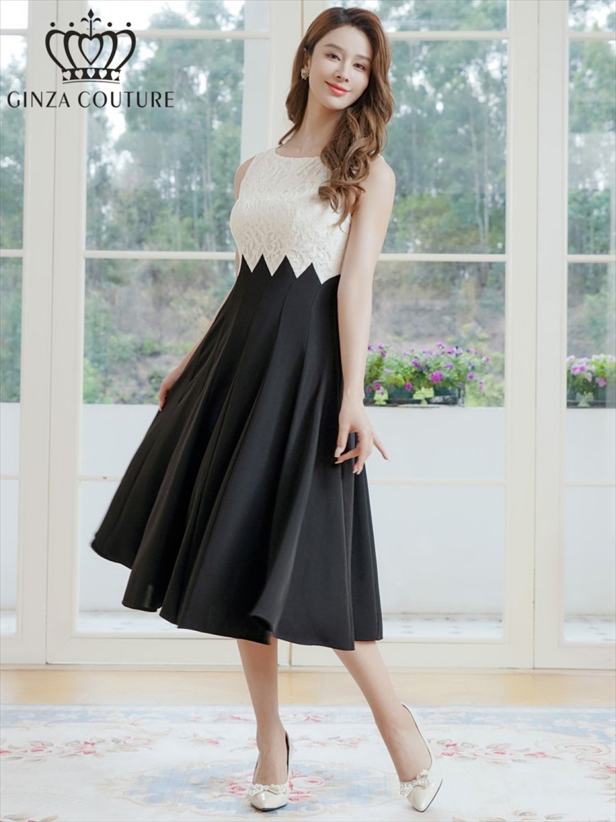 画像1: [ XS-Lサイズ / 1カラー ][ERUKEI/GINZA COUTURE]バイカラー・シェブロン切替・ハイウエスト・Aライン・ミディアムドレス・ワンピース[送料無料] (1)