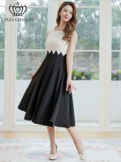 画像1: [ XS-Lサイズ / 1カラー ][ERUKEI/GINZA COUTURE]バイカラー・シェブロン切替・ハイウエスト・Aライン・ミディアムドレス・ワンピース[送料無料] (1)