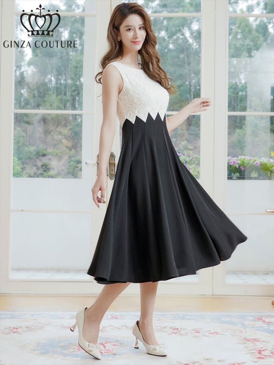 画像2: [ XS-Lサイズ / 1カラー ][ERUKEI/GINZA COUTURE]バイカラー・シェブロン切替・ハイウエスト・Aライン・ミディアムドレス・ワンピース[送料無料] (2)