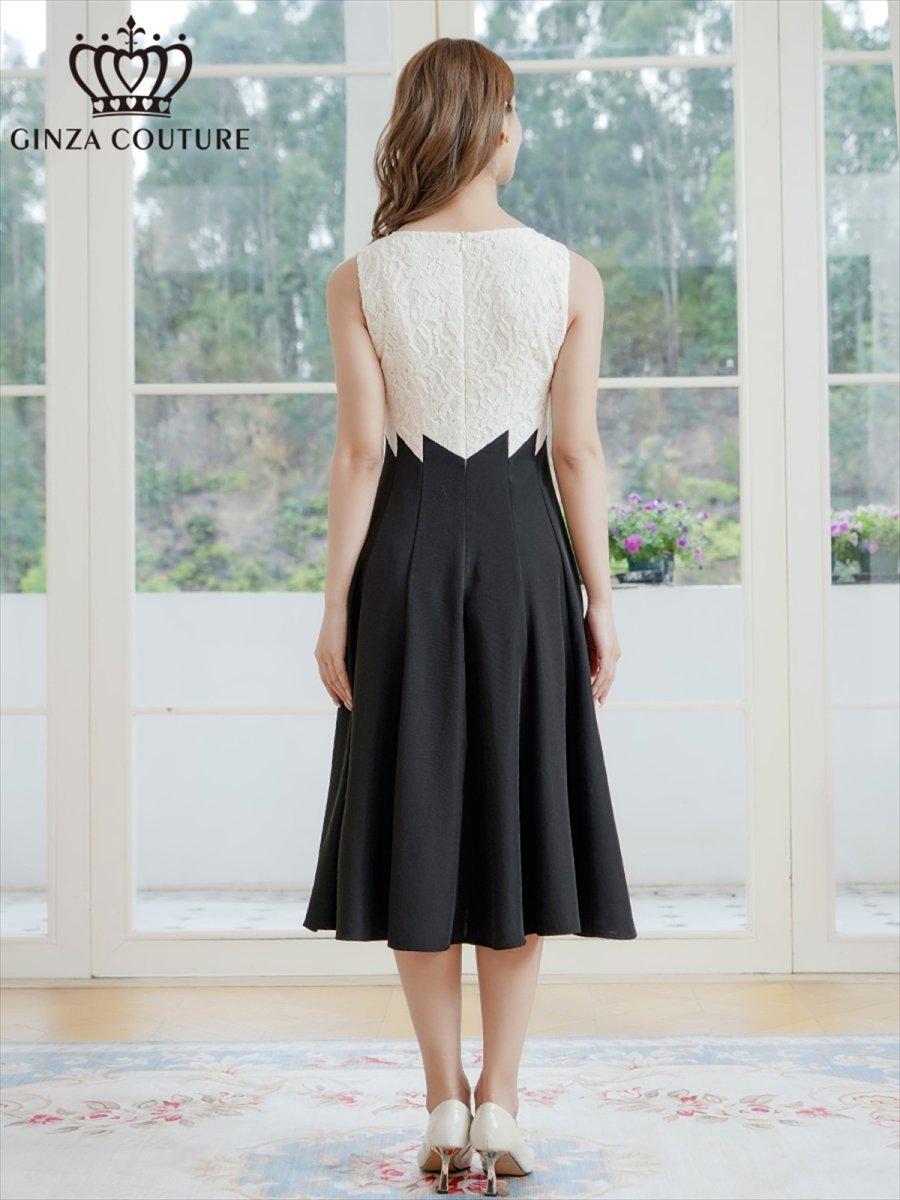 画像3: [ XS-Lサイズ / 1カラー ][ERUKEI/GINZA COUTURE]バイカラー・シェブロン切替・ハイウエスト・Aライン・ミディアムドレス・ワンピース[送料無料] (3)