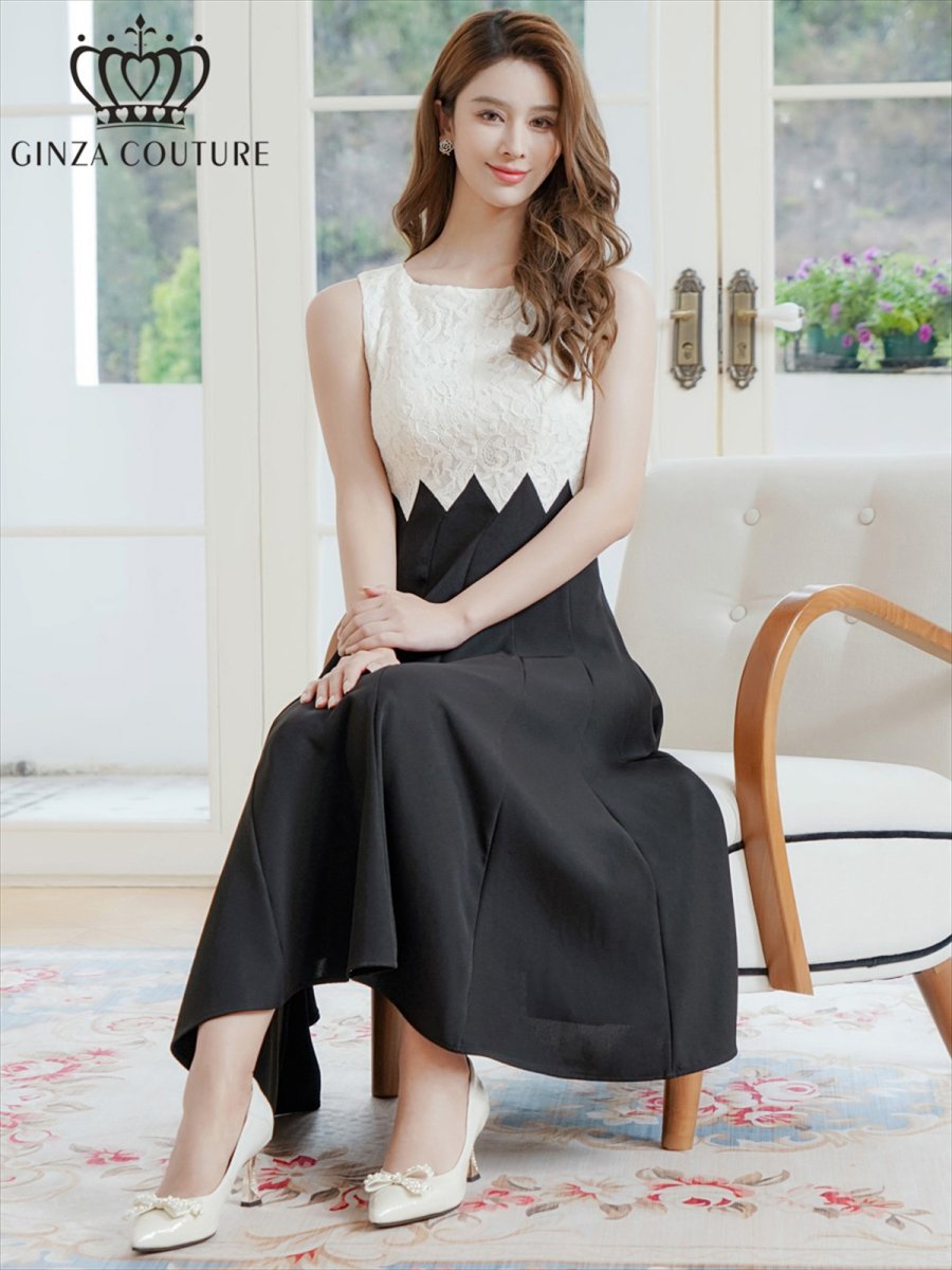 画像6: [ XS-Lサイズ / 1カラー ][ERUKEI/GINZA COUTURE]バイカラー・シェブロン切替・ハイウエスト・Aライン・ミディアムドレス・ワンピース[送料無料] (6)