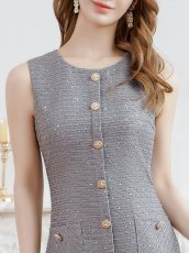 画像11: [ XS-Lサイズ / 5カラー ][ERUKEI/GINZA COUTURE]ホワイト・ブラック・ワインレッド・ネイビー・グレー・ノースリーブ・ツイード・スパンコール・ポケット・Aライン・ミニドレス・ワンピース[送料無料] (11)